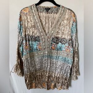 Sequin-Trim Boho V-Neck Tunic in Aqua and Taupe